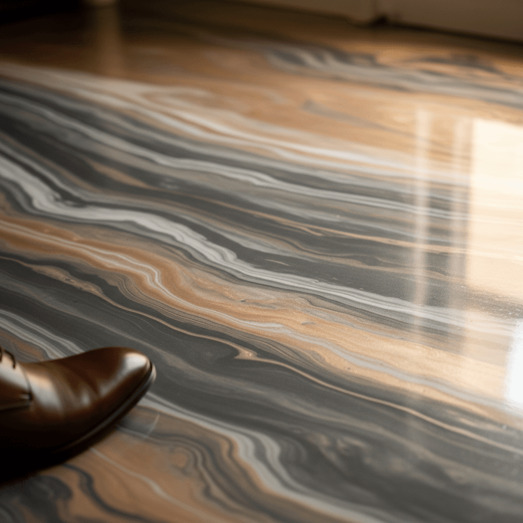 A warm, intimate aesthetic close-up detail shot of a residential metallic epoxy floor showing the marble-inspired aesthetic with customized swirling patterns in white, gray, and champagne metallic tones.