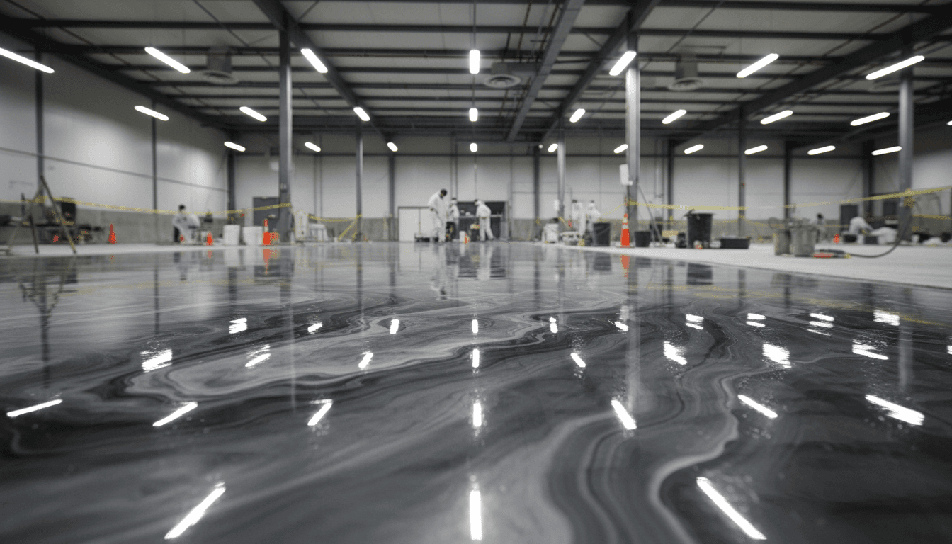 Metallic epoxy floor coating with marble-inspired finish in Dallas commercial space