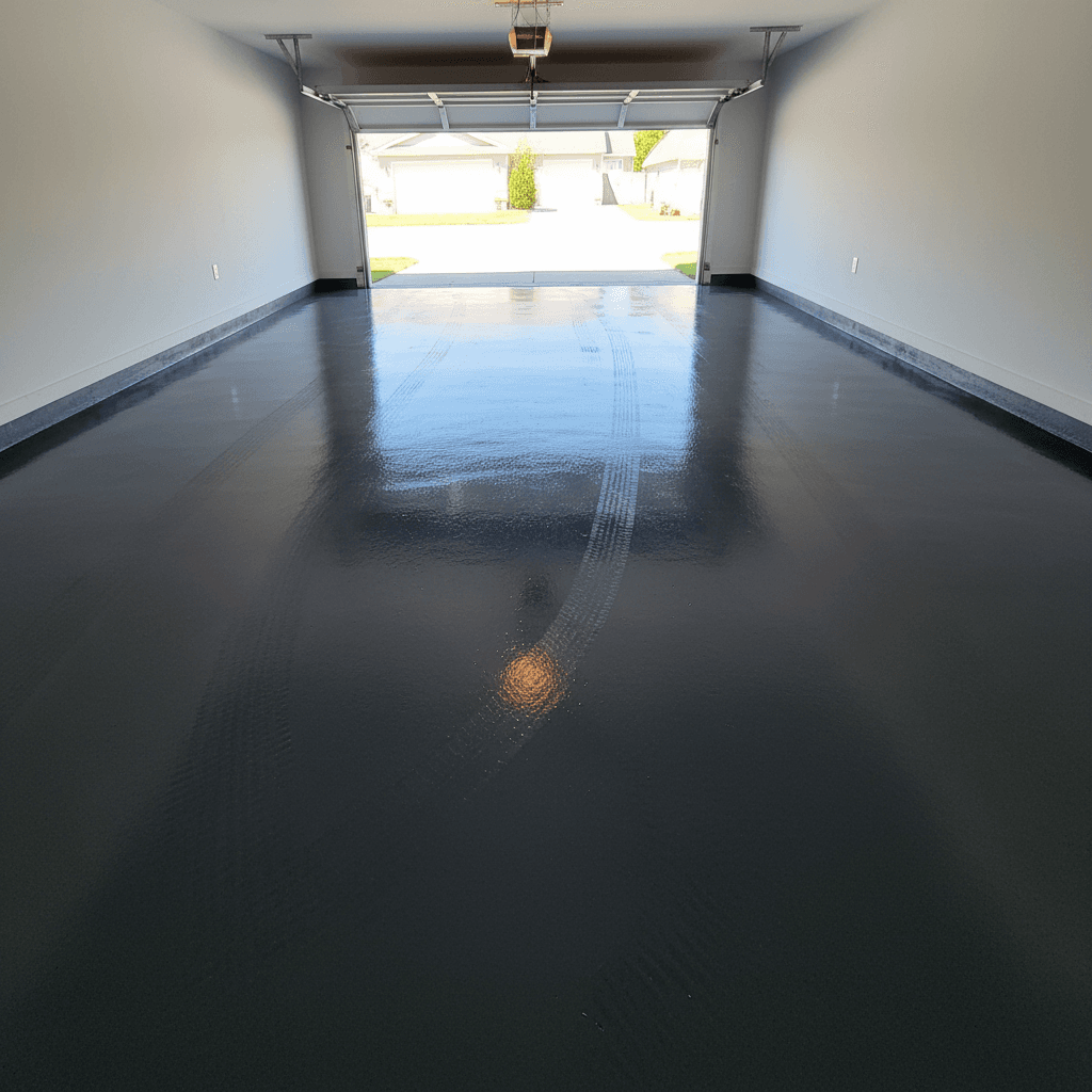 Epoxy-coated garage floor with reflective gray finish