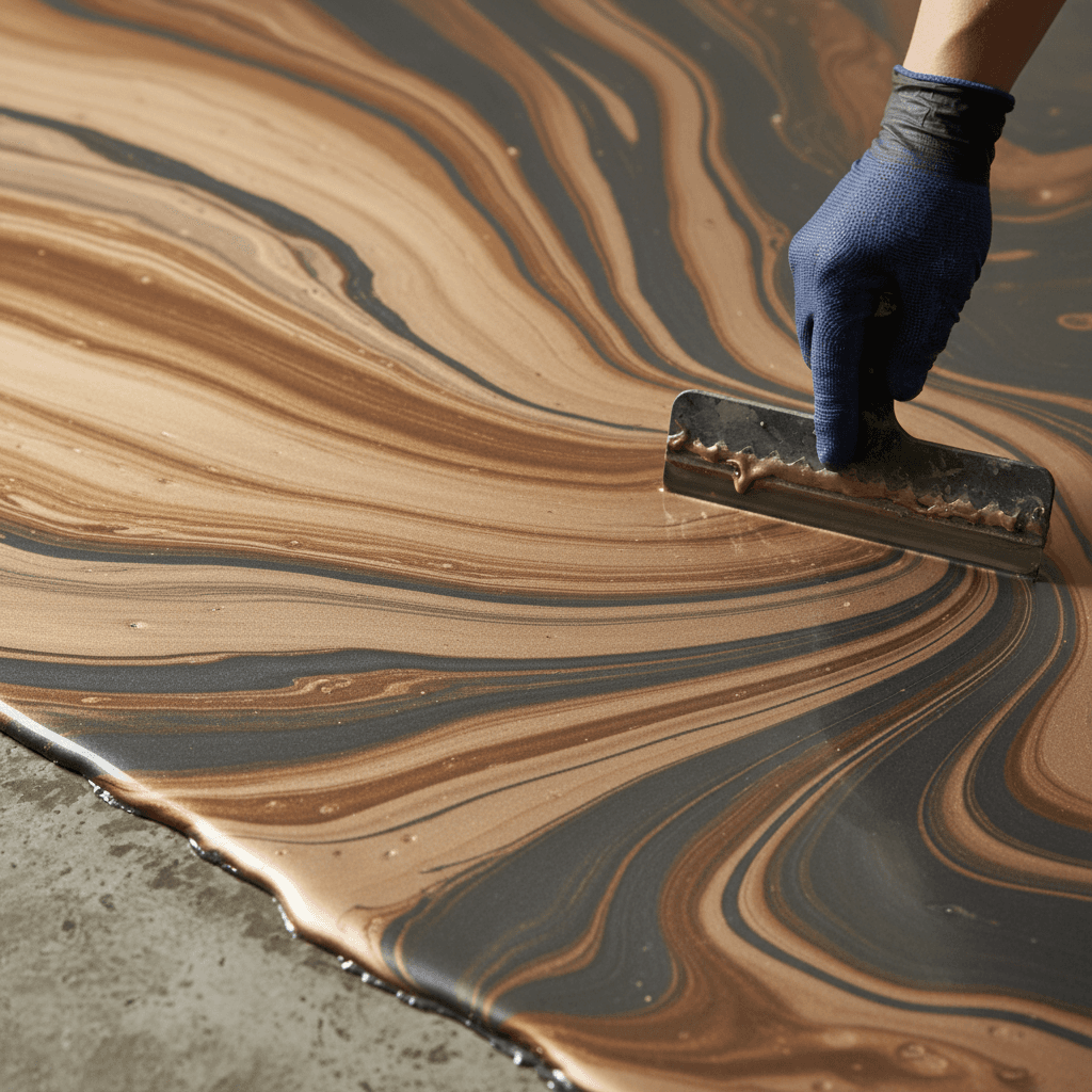 Metallic floor coating application with custom marble-inspired pattern