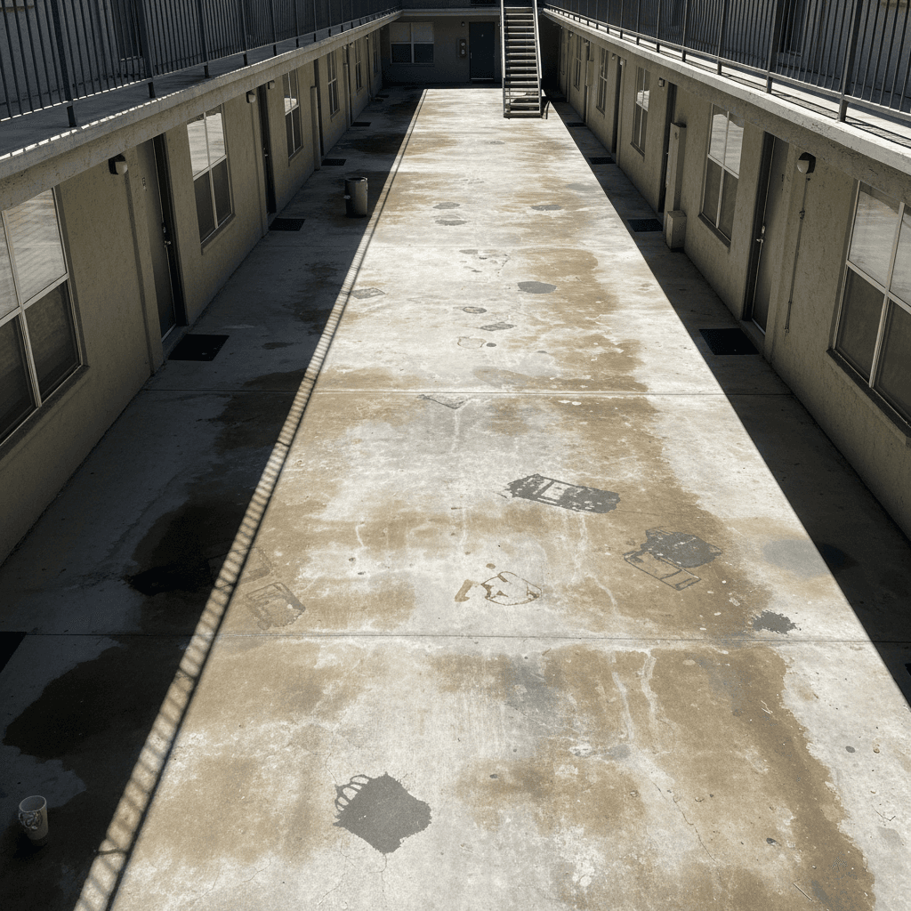 Apartment complex breezeway concrete before coating treatment
