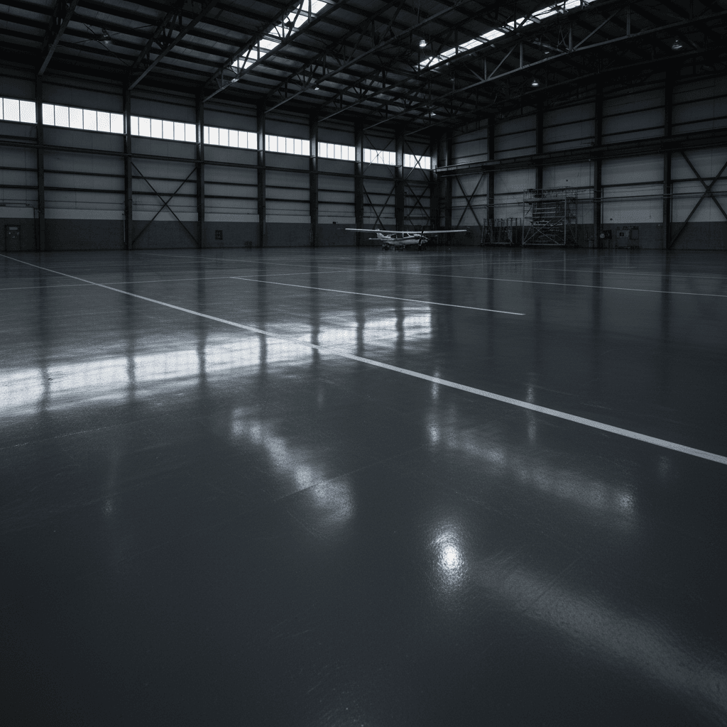 Airplane hangar floor with industrial-grade epoxy multi-coat system