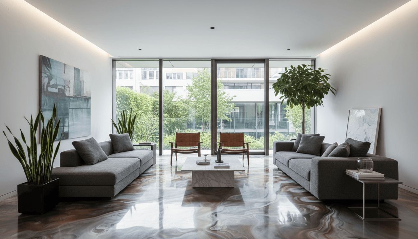 Modern living room with metallic epoxy floor and natural lighting.