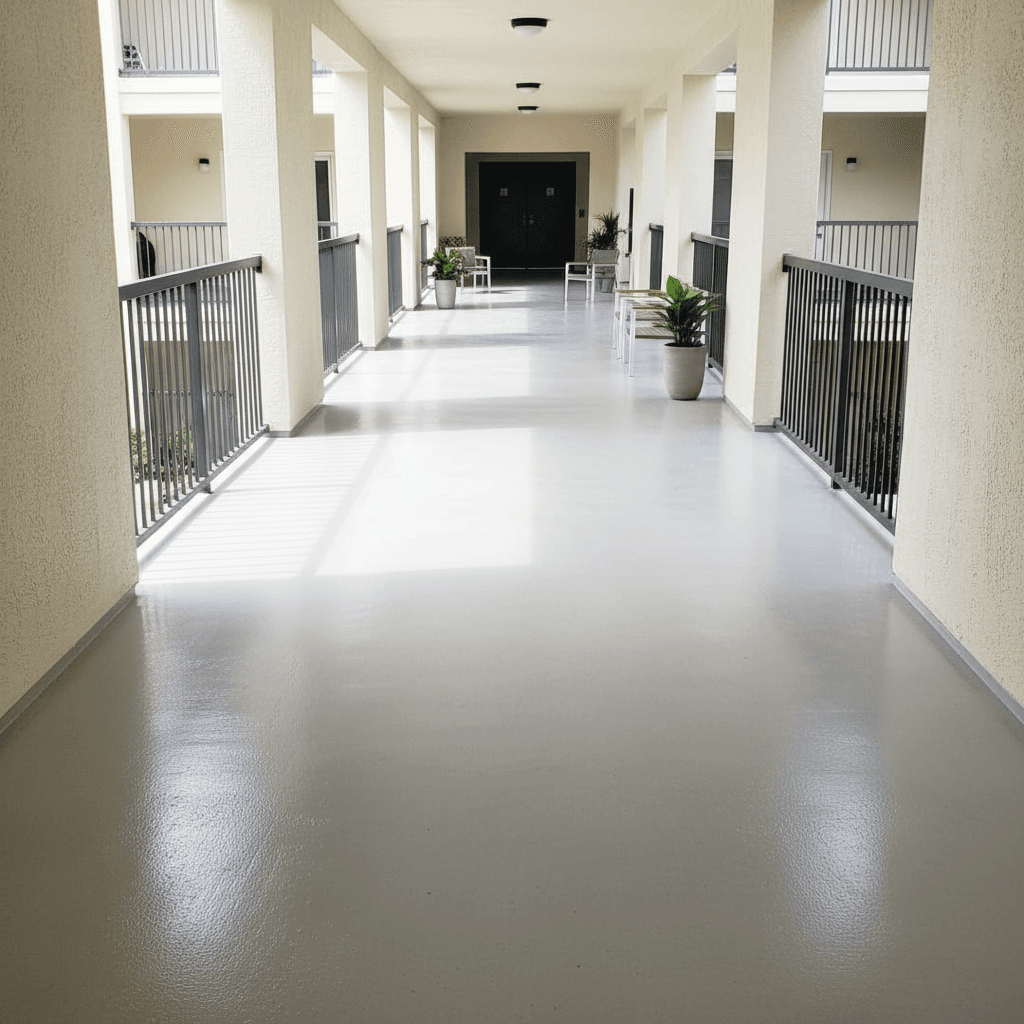 Apartment complex breezeway after polyaspartic coating transformation