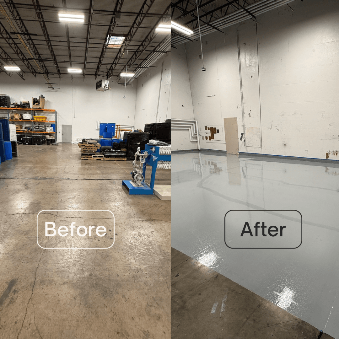 Before and after comparison of warehouse floor transformed from cracked concrete to glossy gray epoxy.